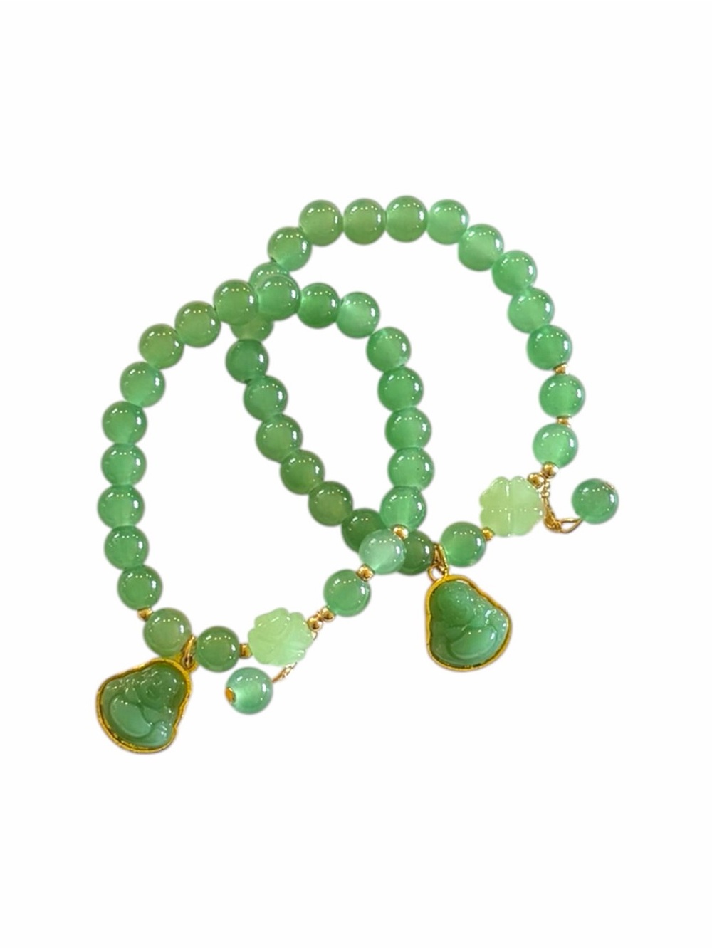 Green Jade Beaded Bracelet Buddha Charm, Set of 2, NWOT, Stretch Bracelet
